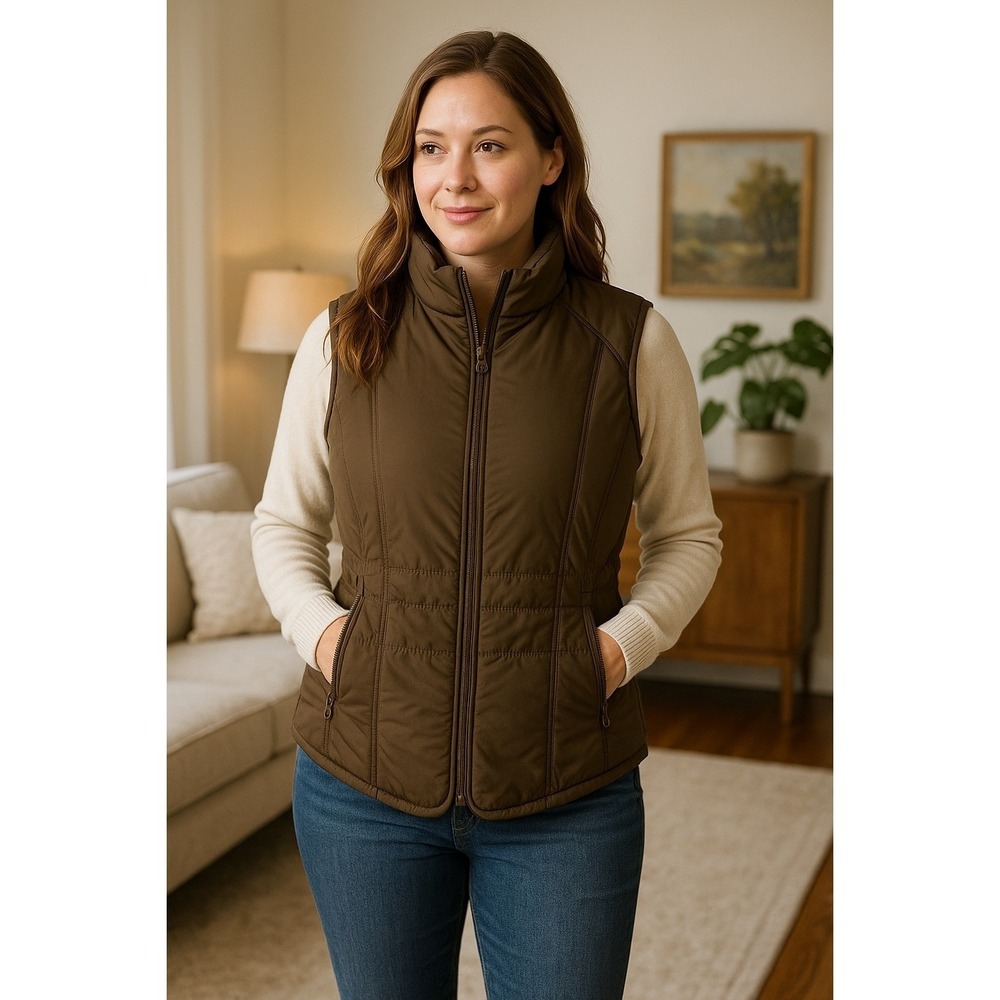 Eddie Bauer Women Down Vest Brown Quilted Goose Down Zip Front Puffer M‎ Outdoor